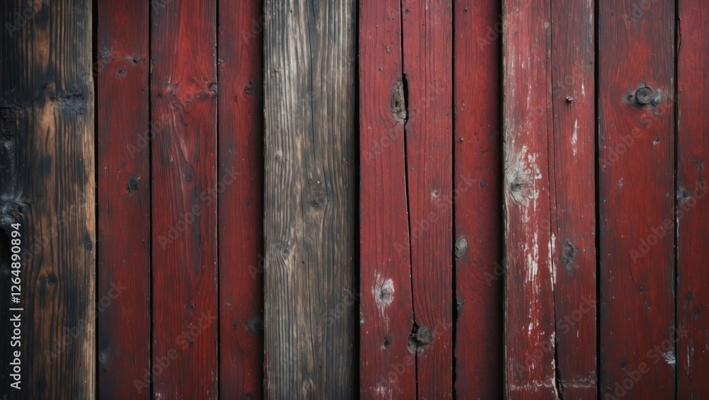 Poster Textured background of weathered wooden planks in red and black tones with natural grain and knots suitable for design projects Copy Space