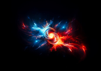 Abstract swirling energy design with vibrant blue and red hues. A dynamic display of light and motion against a dark backdrop.