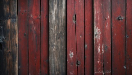 Textured background of weathered wooden planks in red and black tones with natural grain and knots suitable for design projects Copy Space