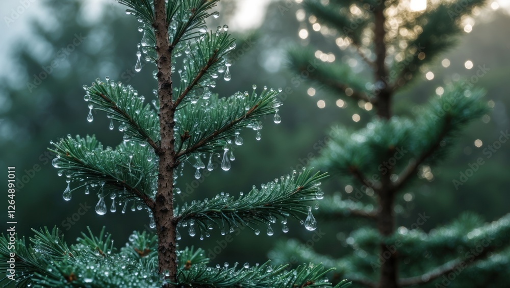 Aufkleber Close-up of evergreen tree branches with raindrops and soft bokeh background in a misty forest setting with copy space.