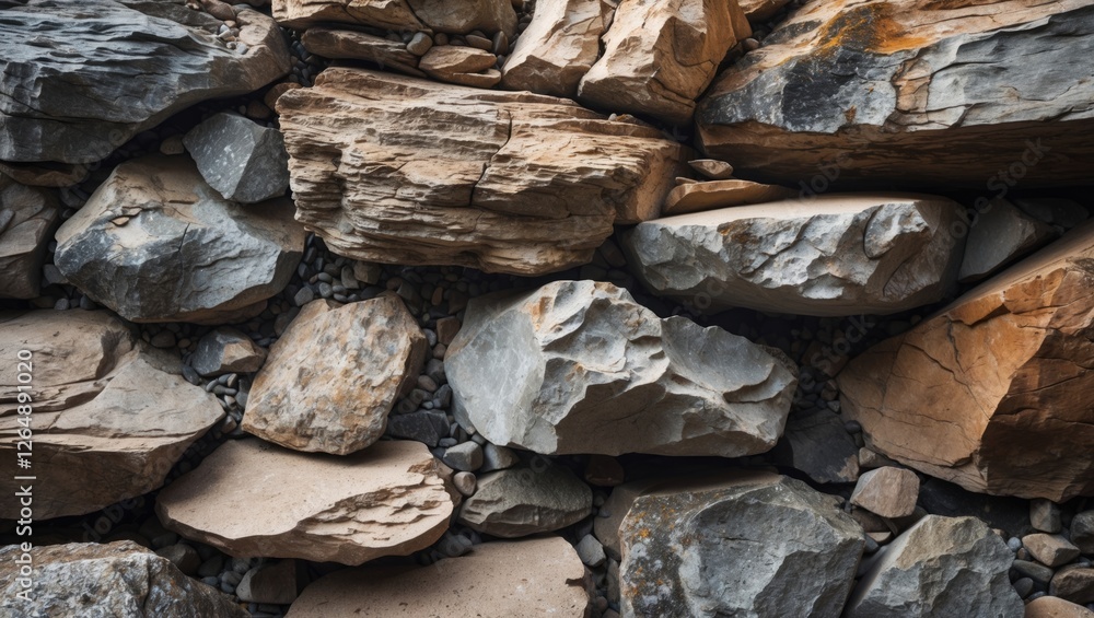 Poster textured pile of various natural stones and rocks in earthy tones showcasing different shapes and si
