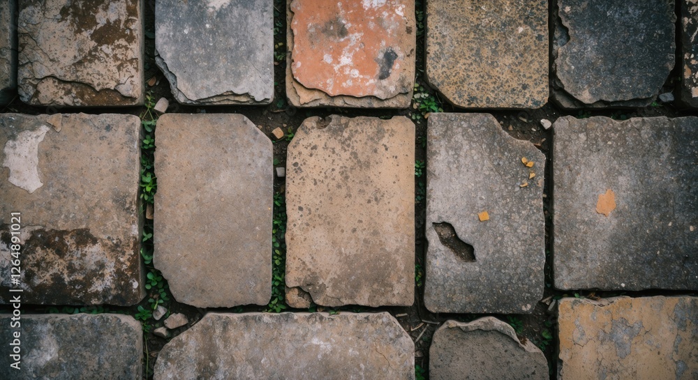 Aufkleber Weathered stone pavement with cracks and patches of grass, top view. Ideal for backgrounds and texture applications. Copy Space.