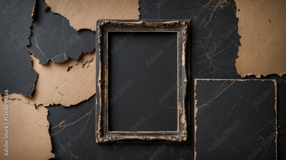 Poster vintage ornate picture frame with dark background and torn paper edges for design, copy space for te