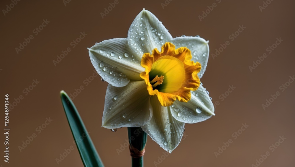 Aufkleber close-up of a daffodil flower with water droplets on petals against a brown background with copy spa