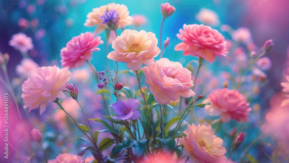 Aufkleber Vibrant garden scene featuring an array of colorful flowers with soft focus and blurred background creating a dreamy atmosphere Copy Space