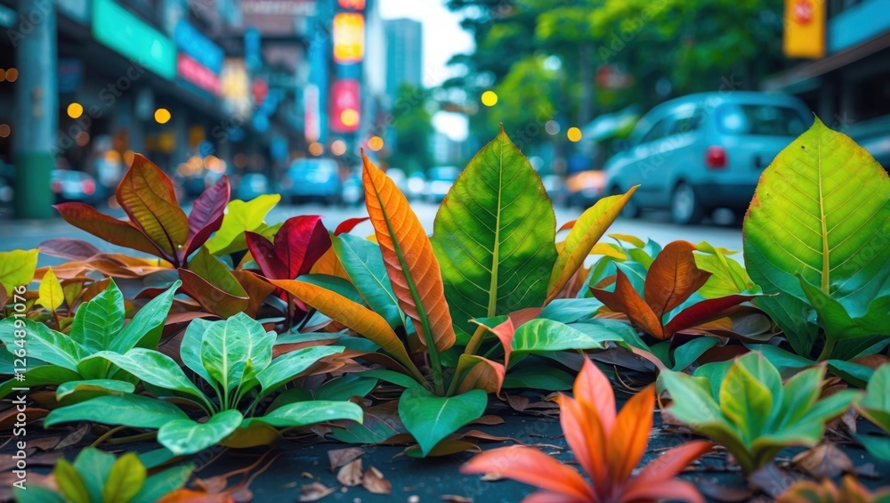 Poster colorful foliage in urban setting with blurred street background and bokeh lights ideal for nature o
