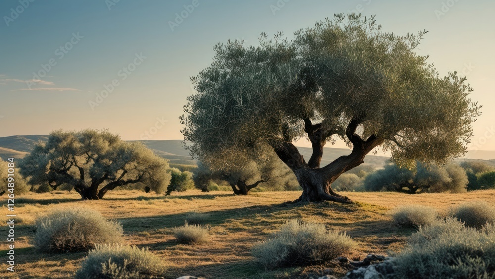 Poster olive trees in a picturesque landscape with soft sunlight illuminating the scene and natural vegetat