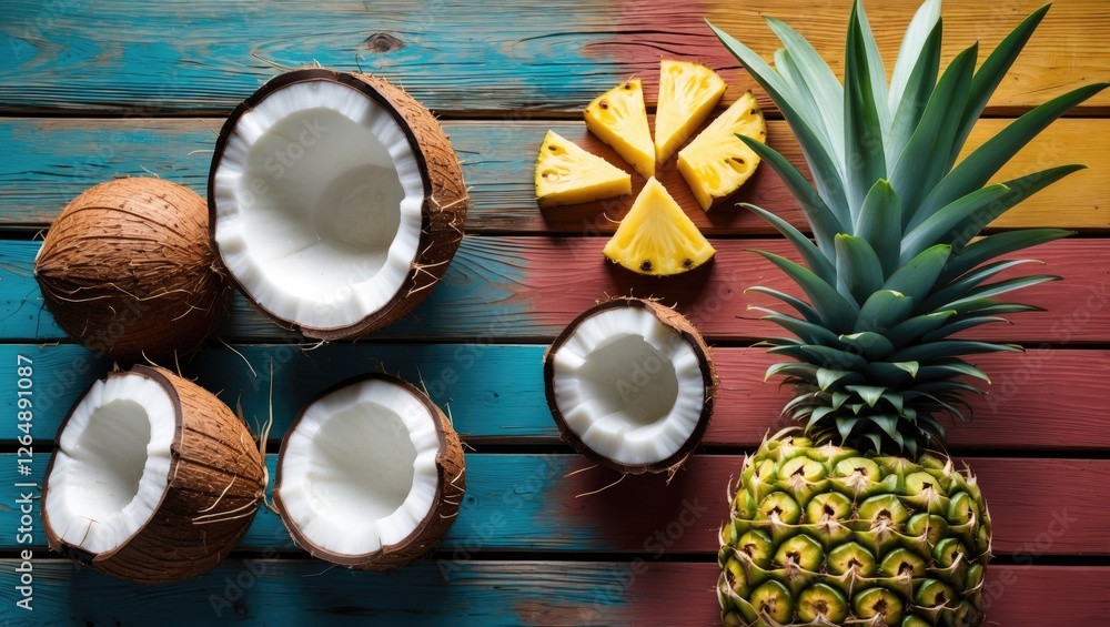 Poster coconuts and fresh pineapple on colorful wooden background with copy space for text