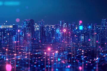 Fototapeta premium sentient ai neural network visualizing metropolis through glowing data streams, cybernetic cityscape with floating holographic interfaces, neon circuits, deep blue and purple hues