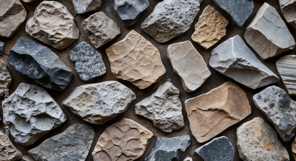 Aufkleber textured background of various natural stones and rocks in different colors and shapes arranged clos