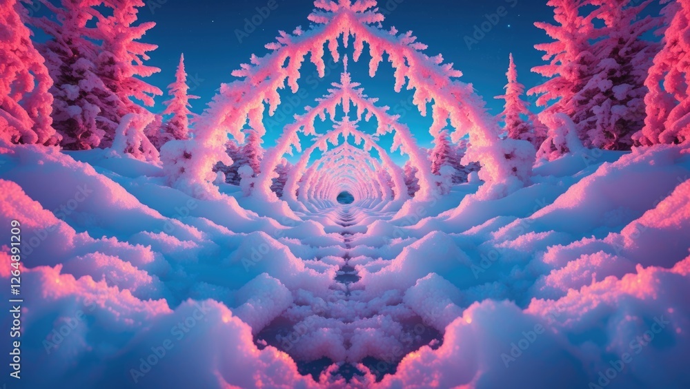 Poster winter landscape with snow-covered trees and colorful frost formations under a starry sky. copy spac