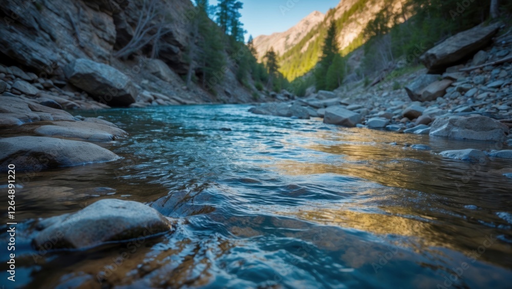 Poster mountain river flowing through rocky terrain with reflections on water surface and trees lining the 