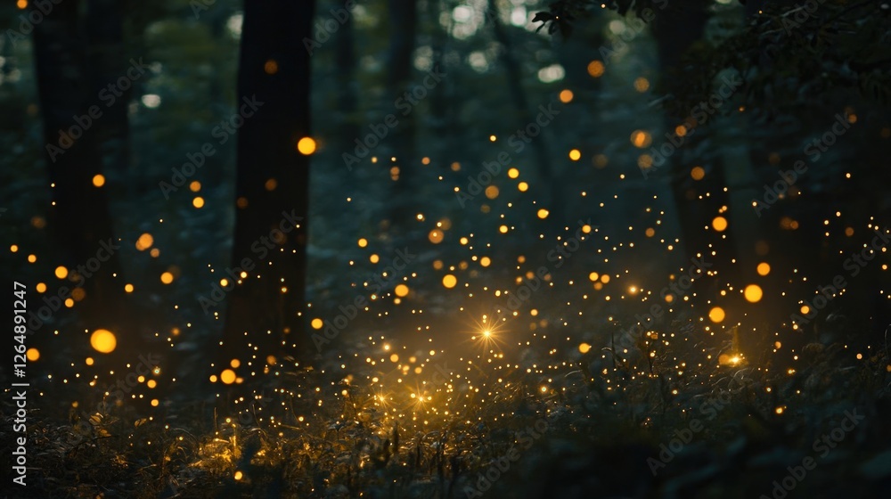 Poster a mesmerizing particle system that resembles fireflies glowing softly in the dark, with random movem