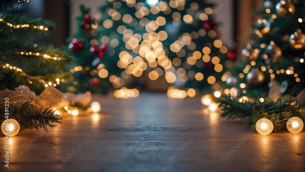 Aufkleber Christmas trees with warm lights and decorations creating a festive atmosphere with blurred background and Copy Space for text