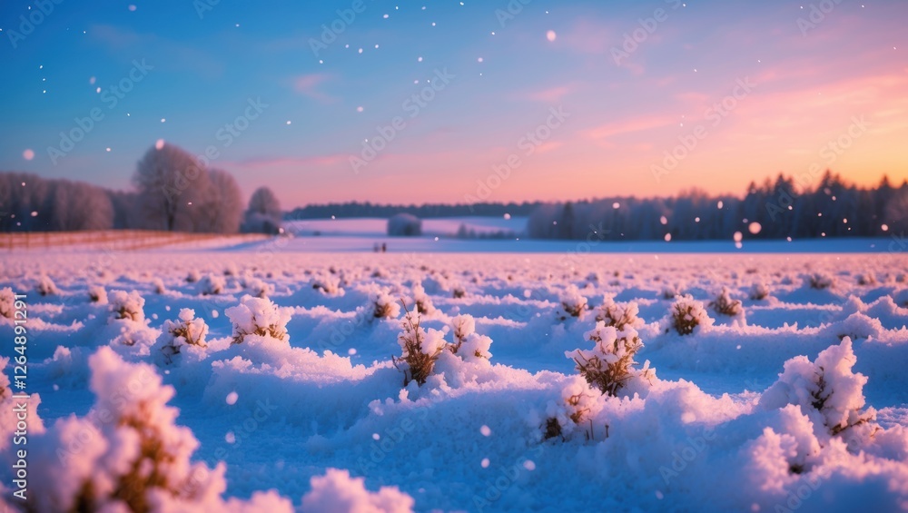 Aufkleber snow-covered field during sunset with snowflakes falling and trees in the background featuring paste