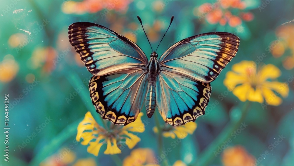 Leinwandbilder blue butterfly resting on vibrant flowers in a natural setting with blurred background and ample cop
