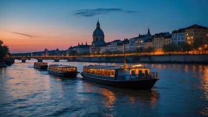 Naklejka premium Cityscape at dusk with boats on the river illuminated by warm lights and historic buildings along the waterfront Copy Space