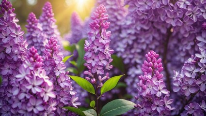 Vibrant lilac flowers in full bloom with sunlight filtering through, creating a colorful spring garden scene with Copy Space.
