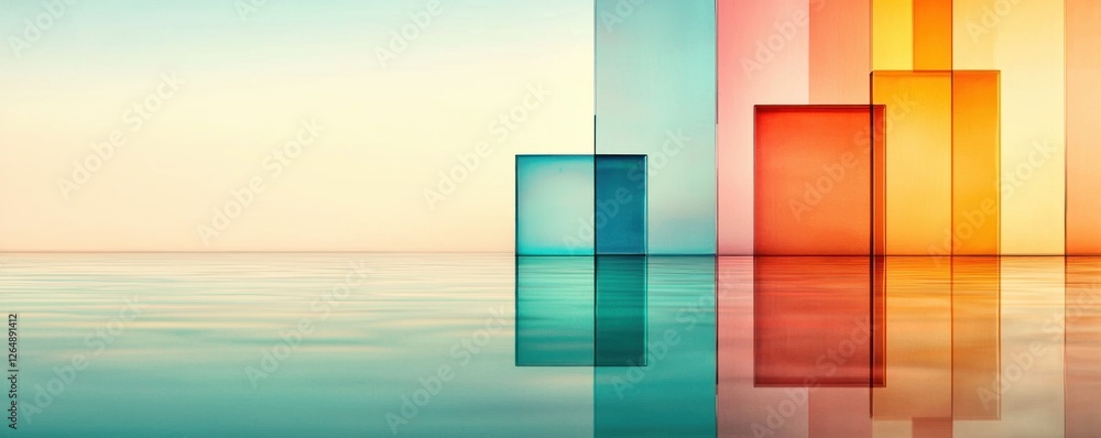 Poster Abstract geometric shapes reflecting on calm water in soft pastel colors with serene background atmosphere