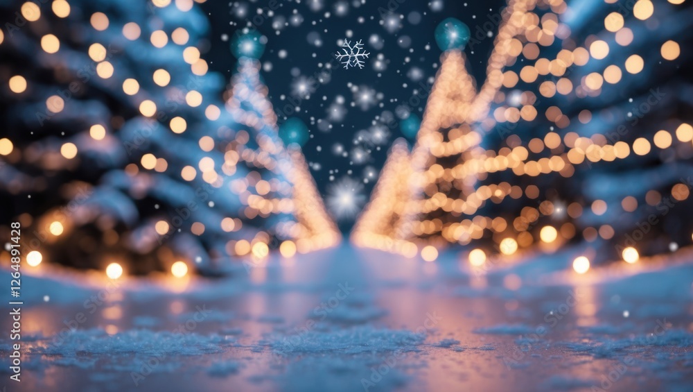 Poster snowy winter scene with illuminated christmas trees and falling snowflakes in a blurred background w