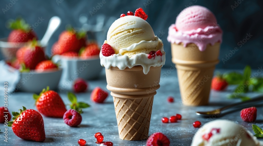Poster Delicious ice cream cones with raspberry topping and fresh berries on a textured surface with copy space for text