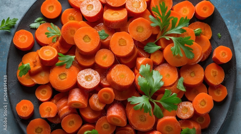 Poster sliced carrots on a dark plate with fresh parsley atop a blue textured background copy space