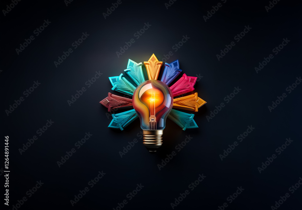Poster Illuminated lightbulb surrounded by vibrant colorful abstract shapes on a dark backdrop, symbolizing ideas and innovation.