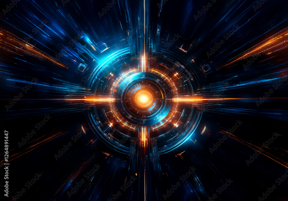 Poster futuristic abstract design. glowing blue and orange lights radiate from a central circle against a d