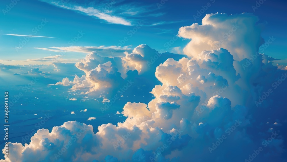 Poster fluffy white clouds against a bright blue sky with soft sunlight illuminating the scene and creating
