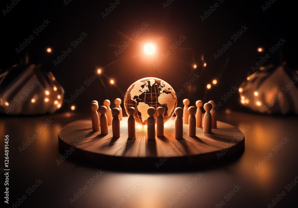 Aufkleber Wooden figures encircle a globe on a round platform, illuminated by a warm, central light source against a dark setting, suggesting global unity.