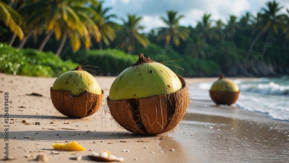 Poster coconuts resting on sandy beach shoreline with palm trees in background and ocean waves gently lappi