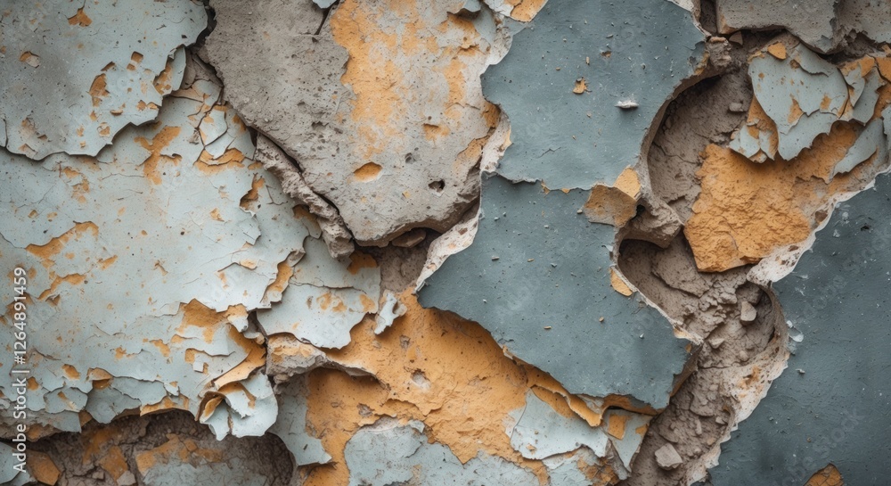 Poster close-up view of weathered and peeling paint on a textured wall showing layers of blue, orange, and 