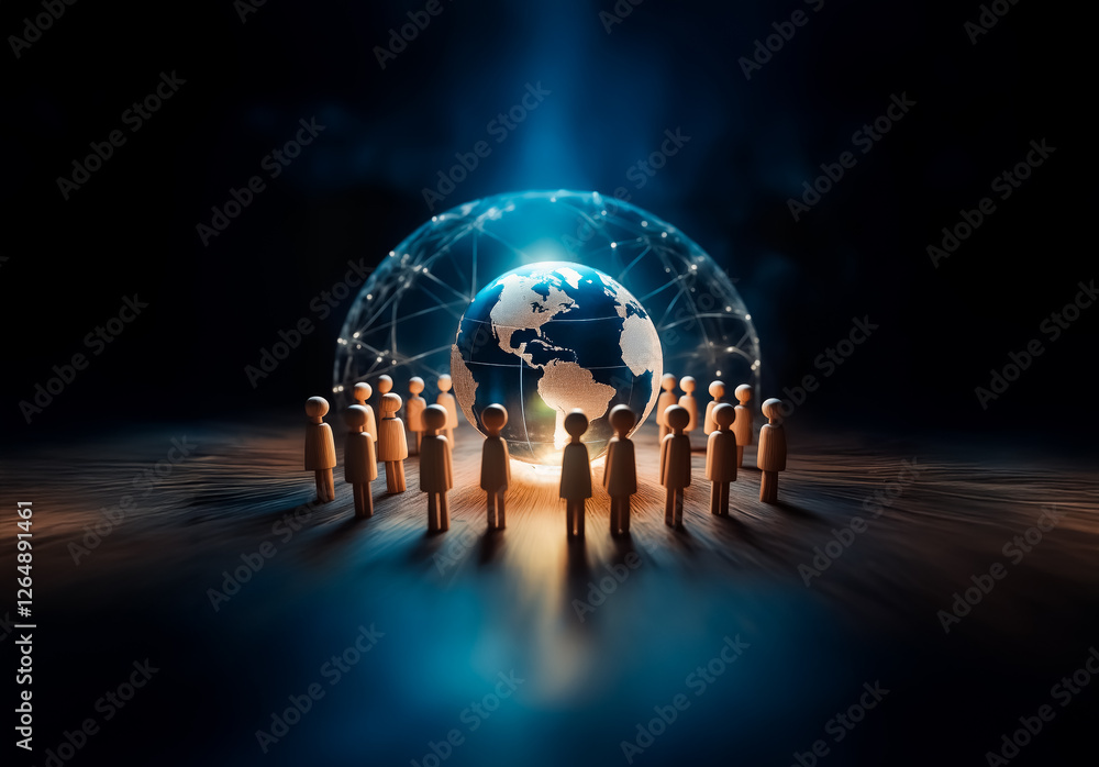 Aufkleber a group of people stand in a circle around a glowing globe, symbolizing global connection and unity.