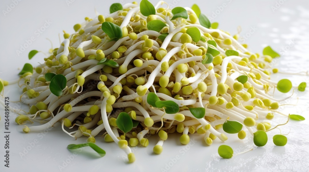 Poster fresh pile of mung bean sprouts with small leaves on a white background with copy space