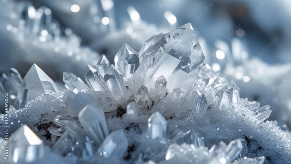Poster Close-up view of crystal formations on snow with sparkling details and natural light reflections Copy Space