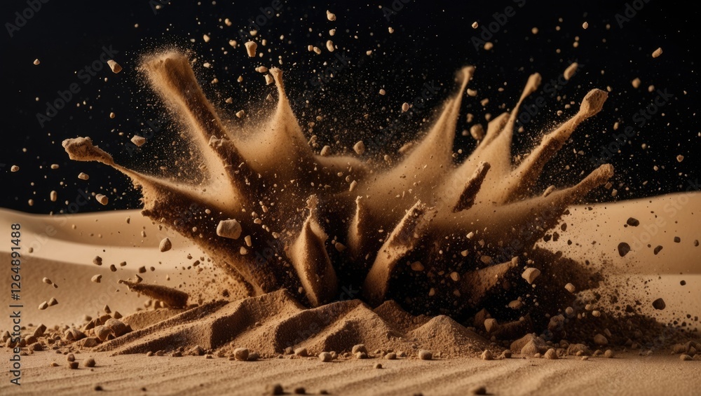 Poster sand explosion creating a dramatic splash effect with particles scattering in the air against a dark