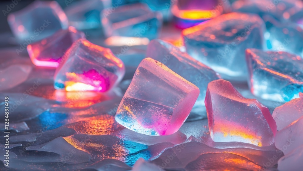 Poster Colorful ice cubes with reflections and glowing effects on a wet surface with soft lighting and vibrant hues. Copy Space
