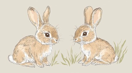 Fototapeta premium Two rabbits. Vector illustration. Risograph print effect. Glitch effect. Vector illustration. Graphic element for fabric, textile, clothing, wrapping paper, wallpaper, poster.