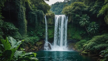 Lush tropical waterfall cascading into clear turquoise pool surrounded by dense greenery and jungle foliage Copy Space