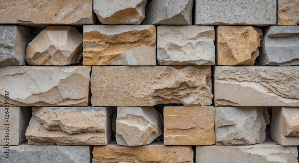 Poster textured stone wall background with varying shapes and colors of natural rock arranged in a pattern.
