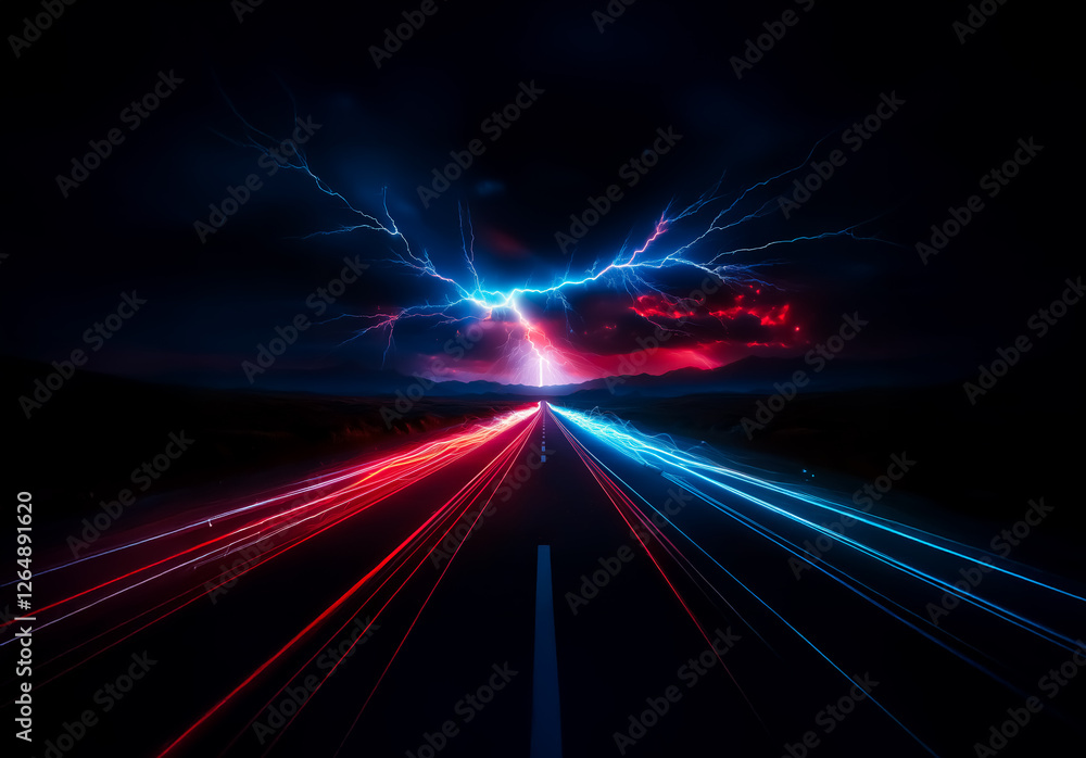 Poster dramatic scene with red and blue light streaks converging on a dark horizon under a stormy sky with 