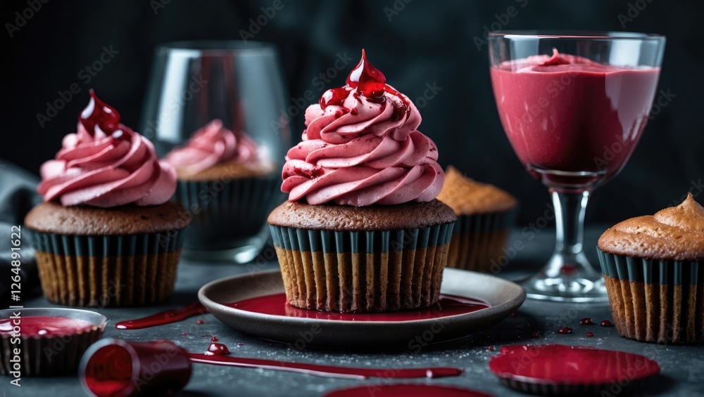Poster chocolate cupcakes with pink frosting and red drizzle on a dark background with glass of dessert and