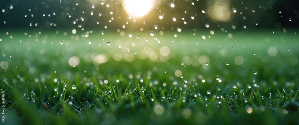 Aufkleber close-up of lush green grass with water droplets and sun shining in the background creating a bokeh 