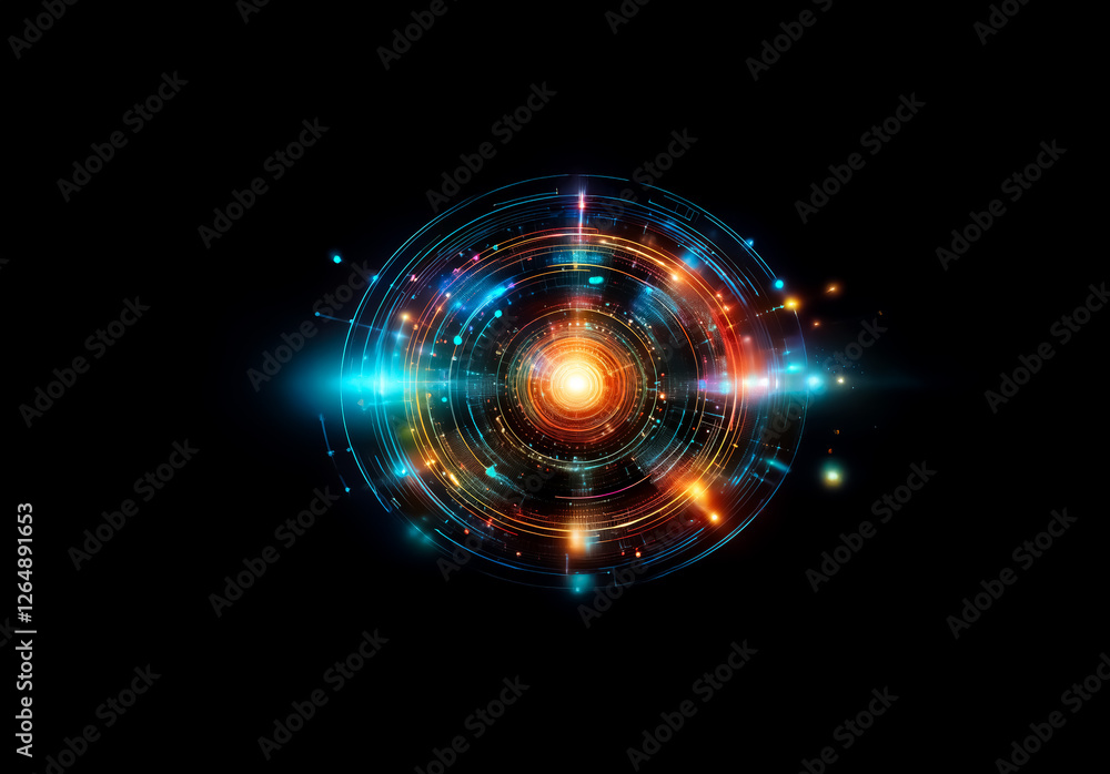 Poster abstract light design features a circular glowing pattern with orange and blue colors against a blac