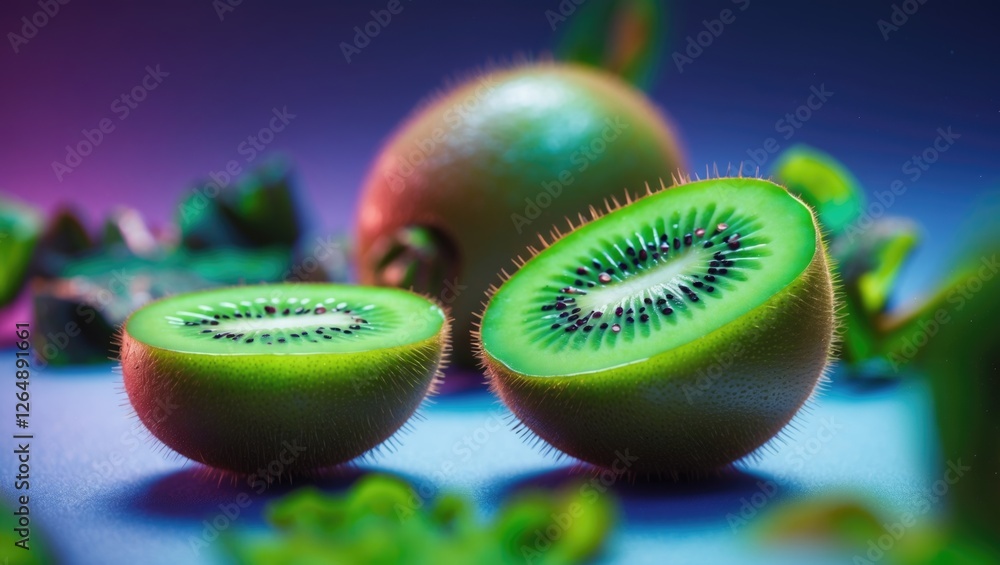 Poster fresh sliced kiwi fruit on a vibrant background with copy space for text placement