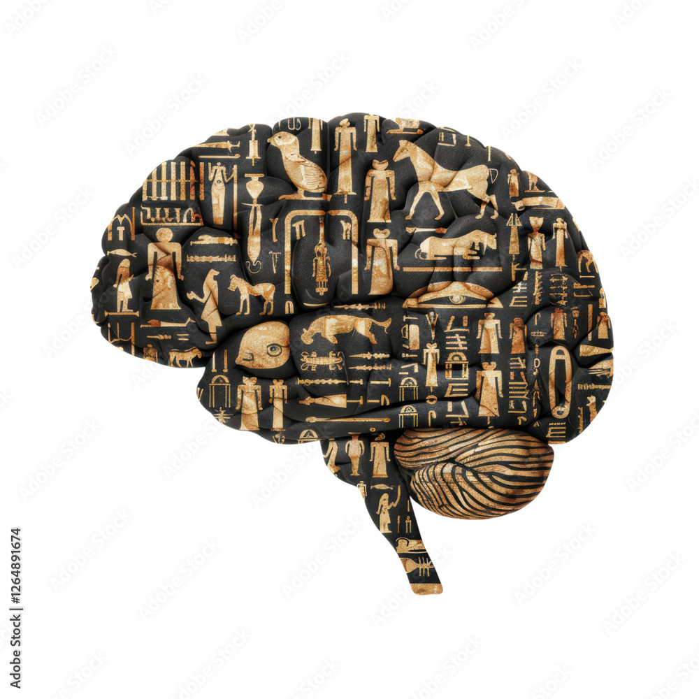 Poster brain shape filled with ancient artifacts and figures. transparent background