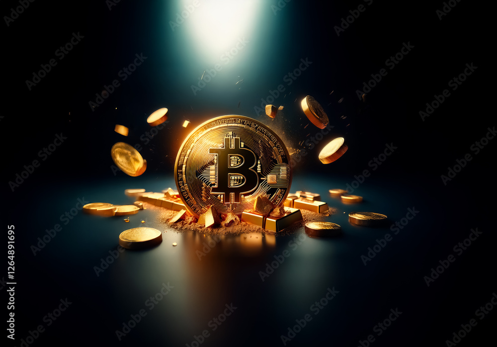 Aufkleber A gleaming golden coin with a Bitcoin symbol is illuminated by a spotlight, surrounded by a scattering of smaller golden coins on a dark surface.