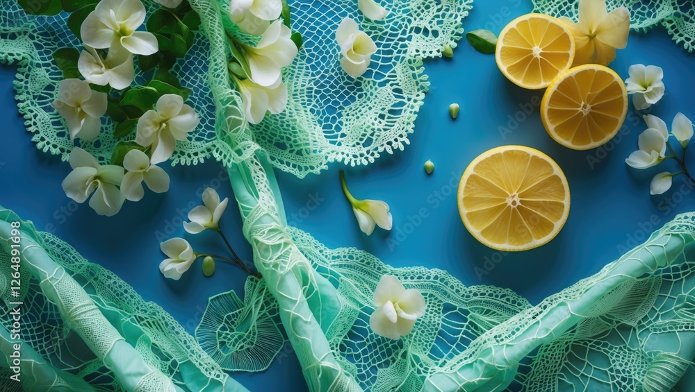 Poster lace fabric with flowers and lemon slices on blue background with copy space for text or design elem