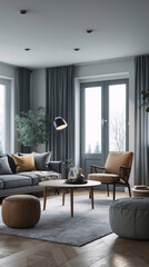 Contemporary Scandinavian living room with neutral gray couch simple design and minimalist decor home atmosphere Modern Interior Design Inspiration