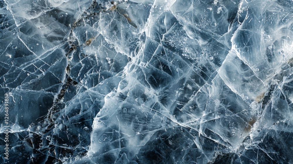 Poster close focus on the surface of ice reveals detailed, crystalline structures with distinct lines and t